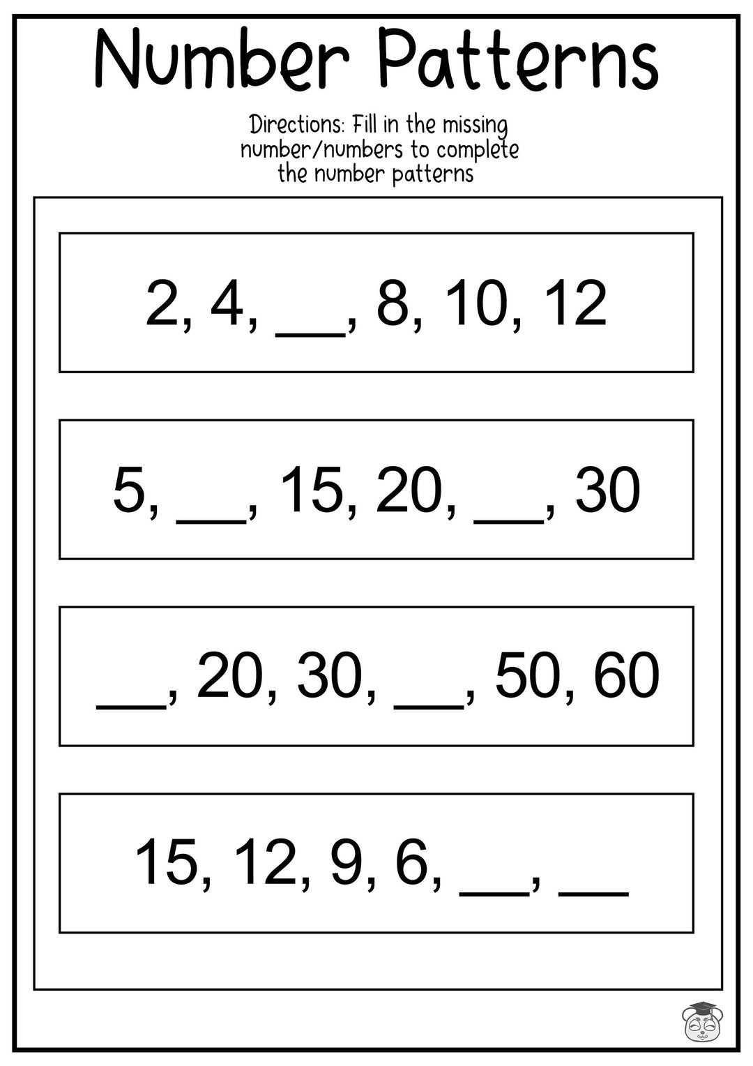 7 Printable Number Patterns Math Worksheet Fill In The Blanks To Complete The Number Patterns ages 6 8 Grades 1 To Grade 3 Etsy