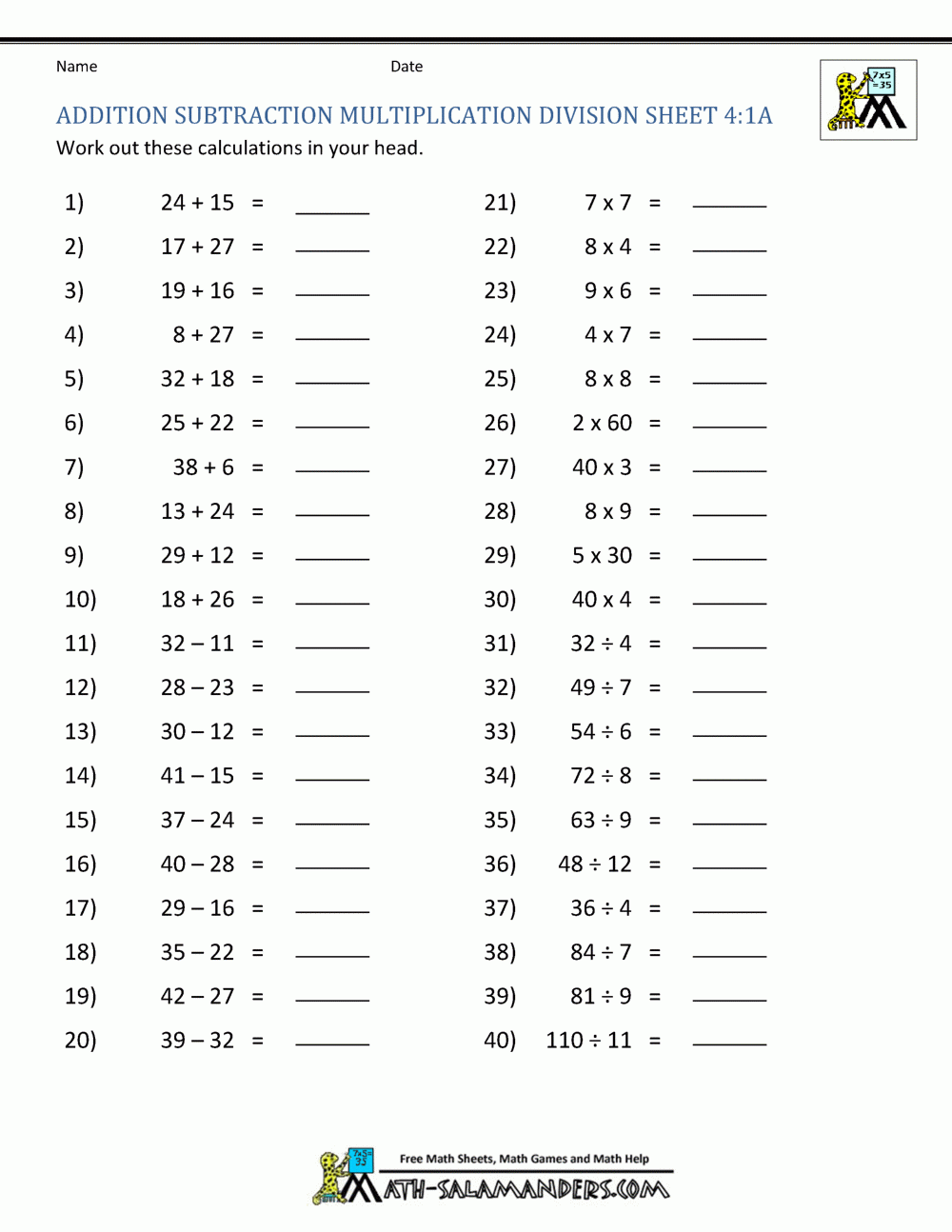 Addition Subtraction Multiplication Division Worksheets