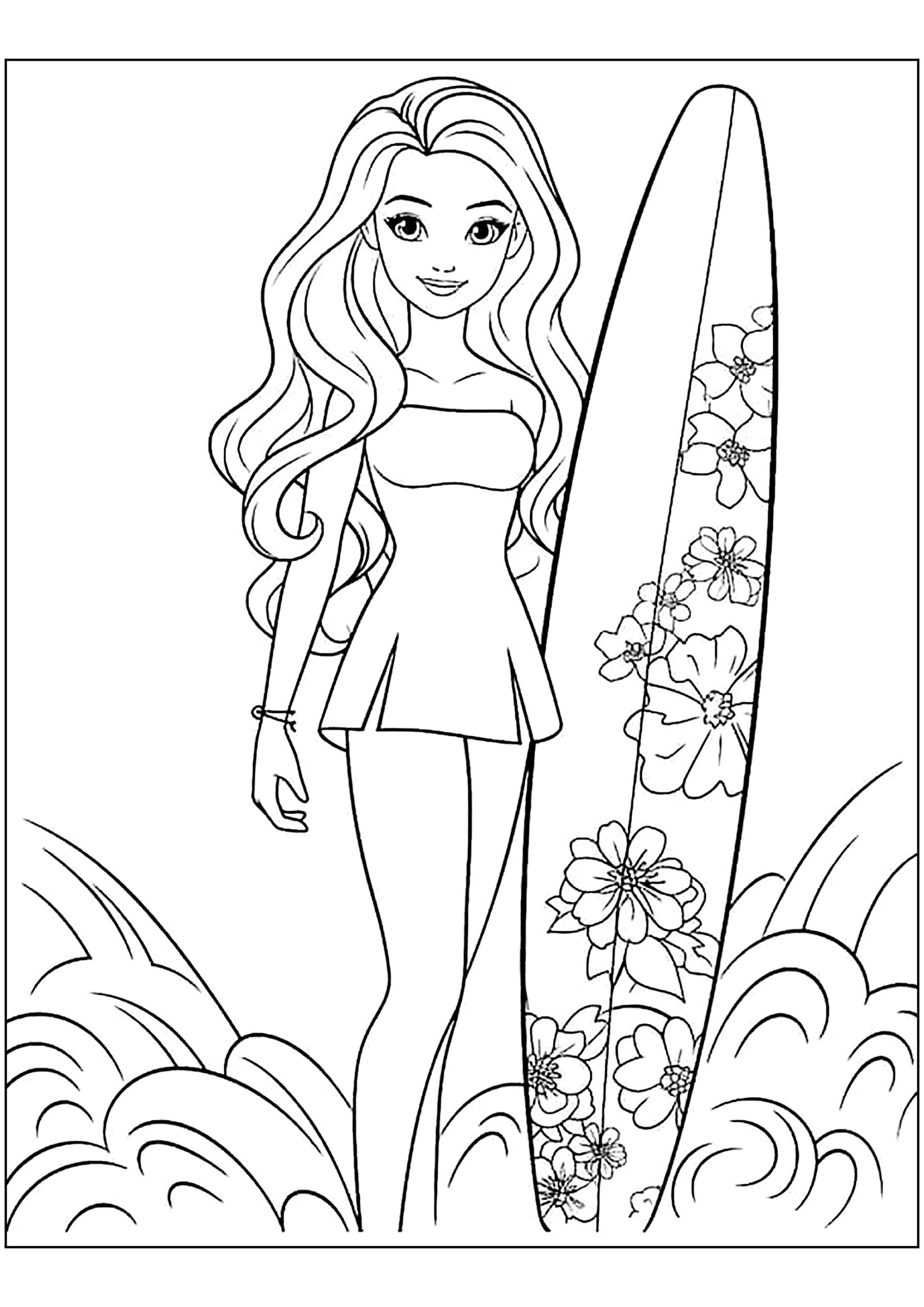 Barbie With A Beautifully Decorated Surfboard Barbie Coloring Pages