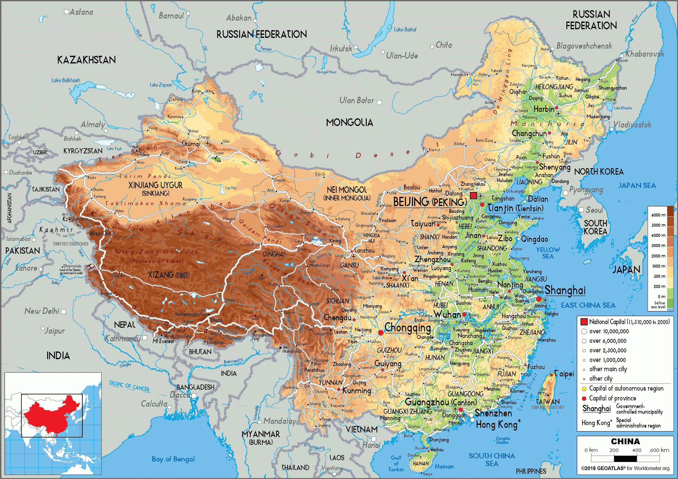 China Map Physical Worldometer