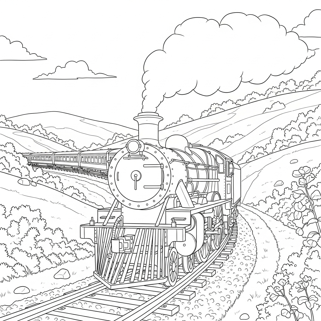 Classic Train On Hillside Track Coloring app