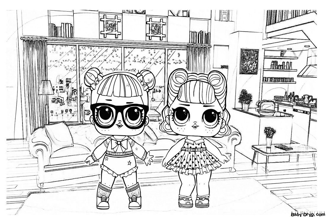 Coloring Page Two Stylish Dolls Having Fun At Home Coloring LOL Dolls