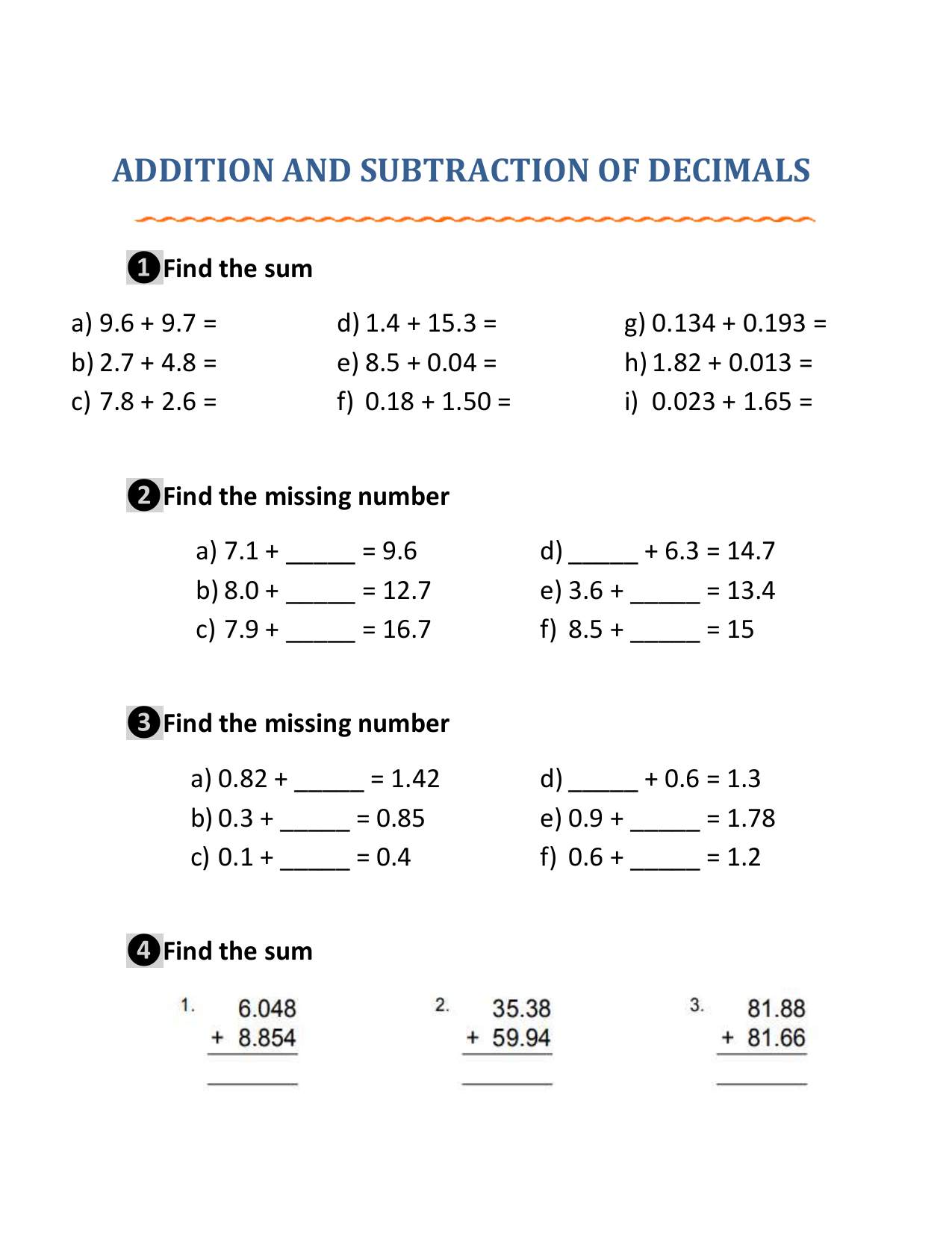 decimal addition and subtraction worksheets