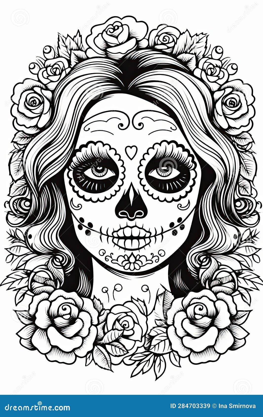 Dia De Los Muertos Coloring Page For Kids And Adults Illustration Black And White Lines Stock Illustration Illustration Of Holiday Artwork 284703339
