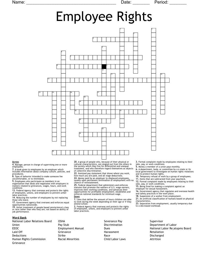 Employee Rights Crossword WordMint Employee Rights Crossword WordMint