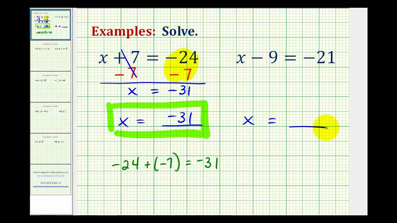 Ex Solving One Step Equation By Add Subtracting Integers Var On Left YouTube
