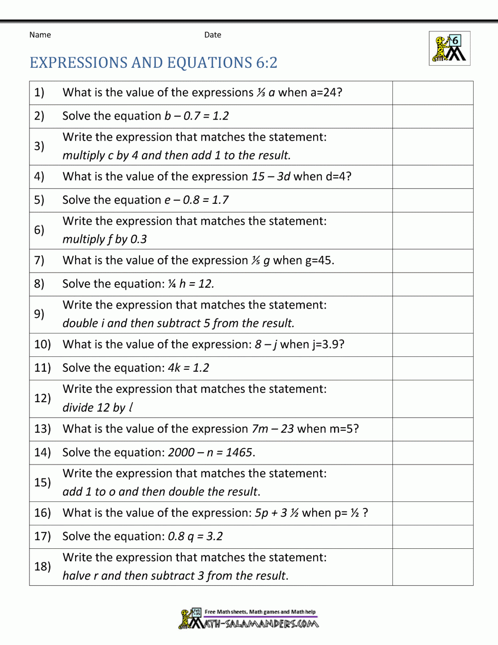 Expressions And Equations 6th Grade Expressions And Equations 6th Grade