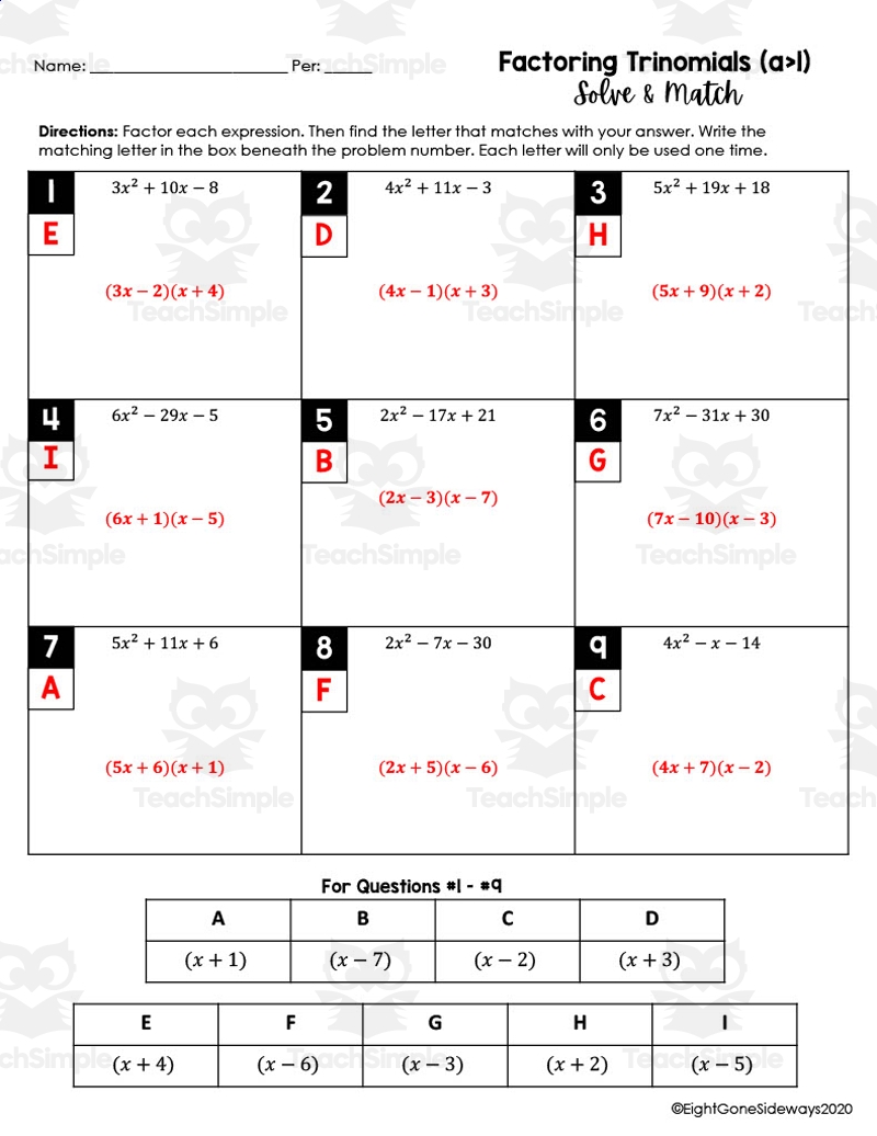 Factoring Trinomials a Is NOT 1 Solve Match Worksheet By Teach Simple