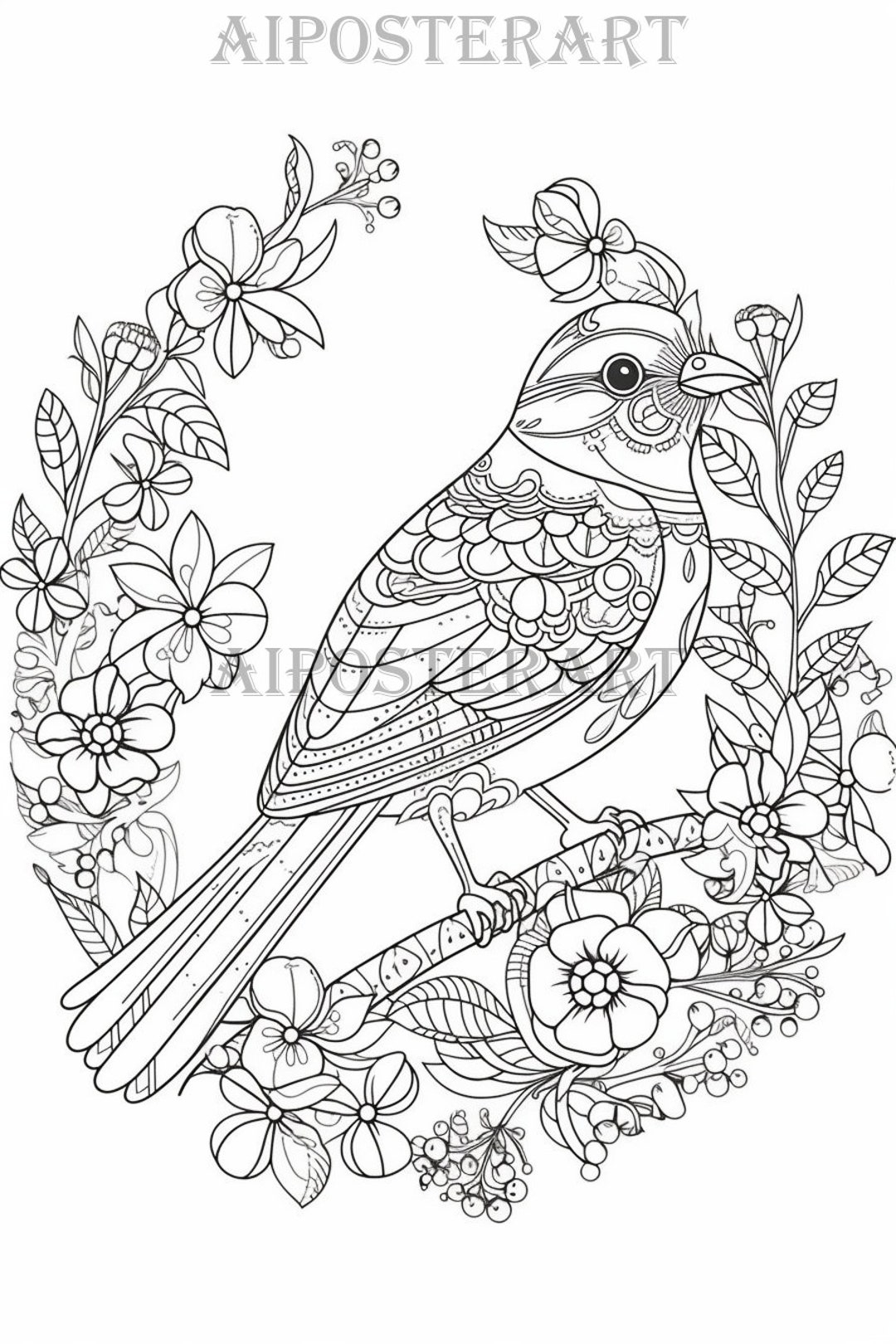 Finch Coloring Page For Adults Printable Coloring Sheet Advanced Bird Coloring Page For Adults With Floral Framing 1792x2688 Pixels Etsy