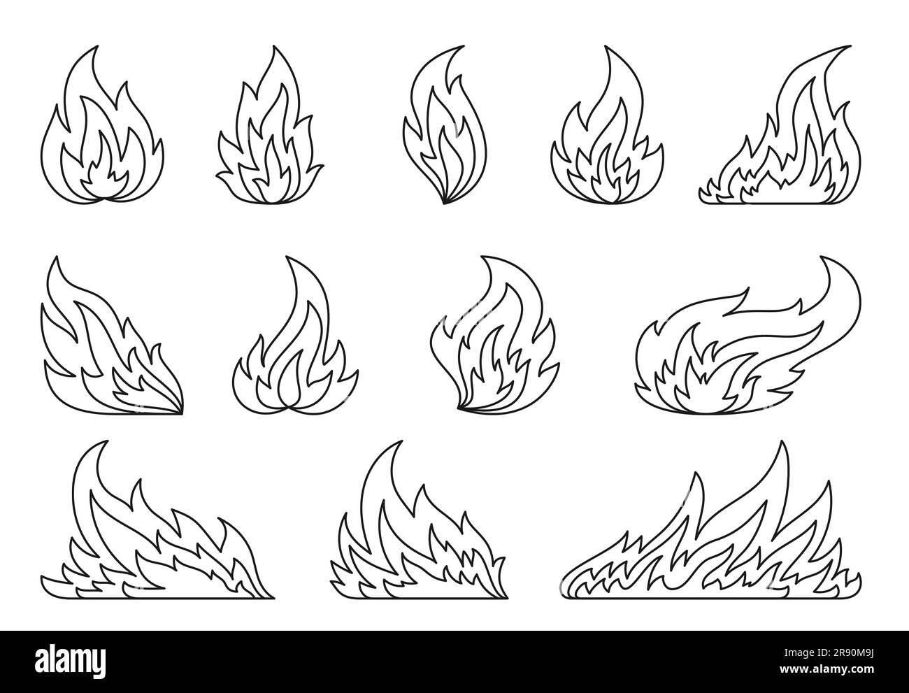 Fireball Flame Hot Fire Linear Signs Campfire Fiery Black Line Icon Set Furious Flammable Combustion Flat Clipart Dangerous Natural Gas Blazing Burning Wildfire Bonfires On White Coloring Page Stock Vector Image 