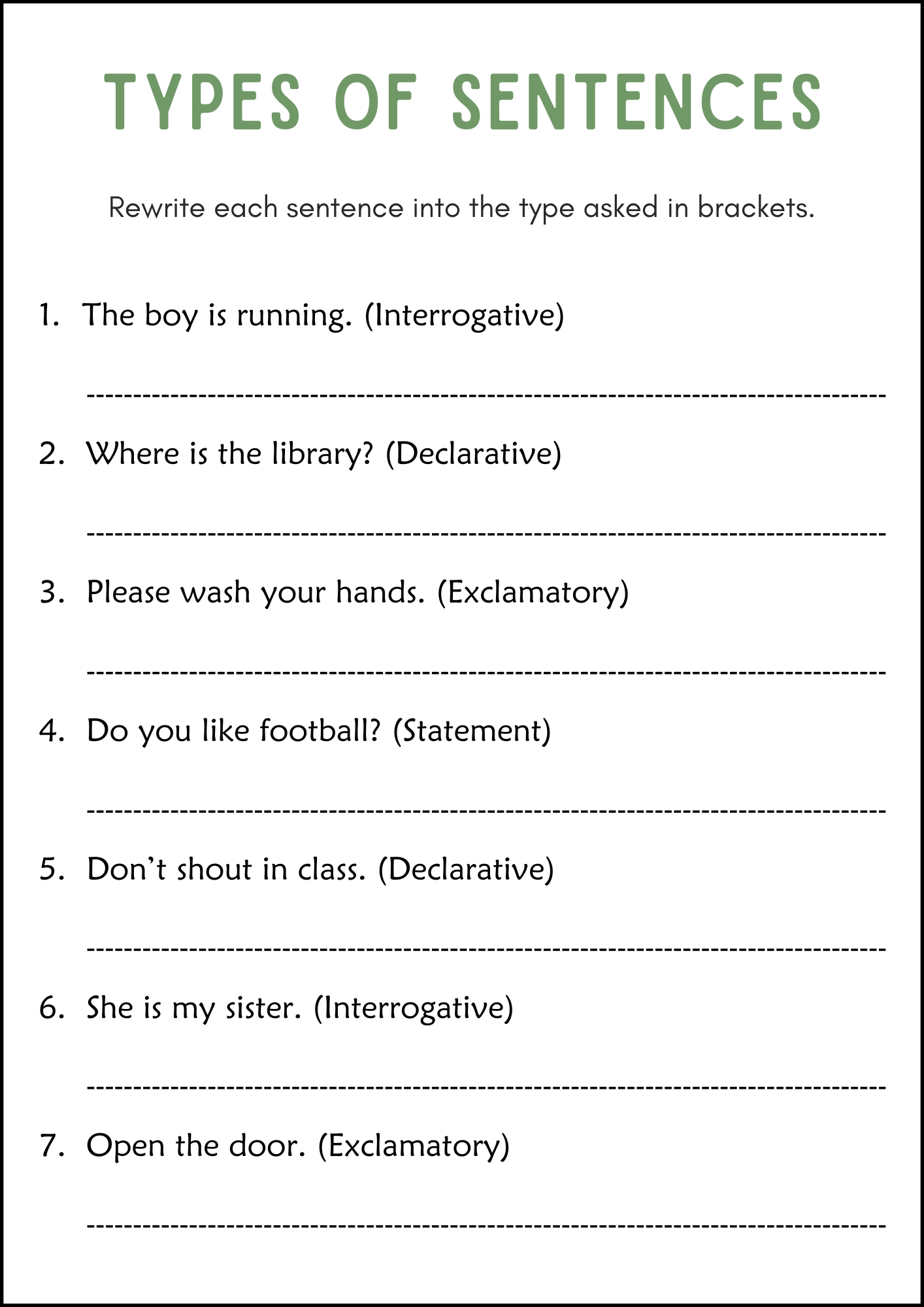 four types of sentences worksheet