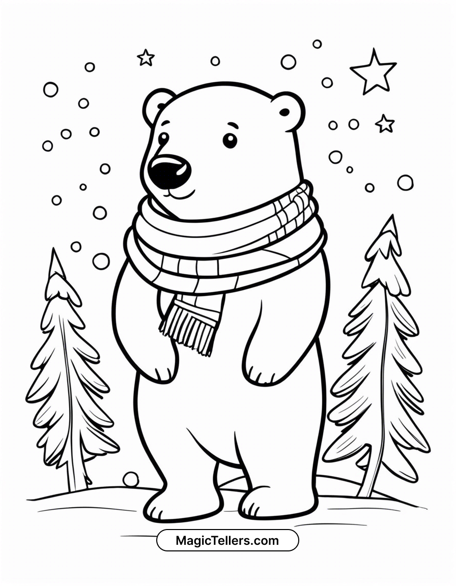 Free Christmas Polar Bear With A Scarf Coloring Page Printable PDF MagicTellers