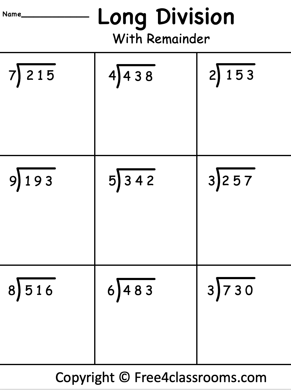Free Long Division Worksheet 3 Digits By 1 With Remainder Free Long Division Worksheet 3 Digits By 1 With Remainder
