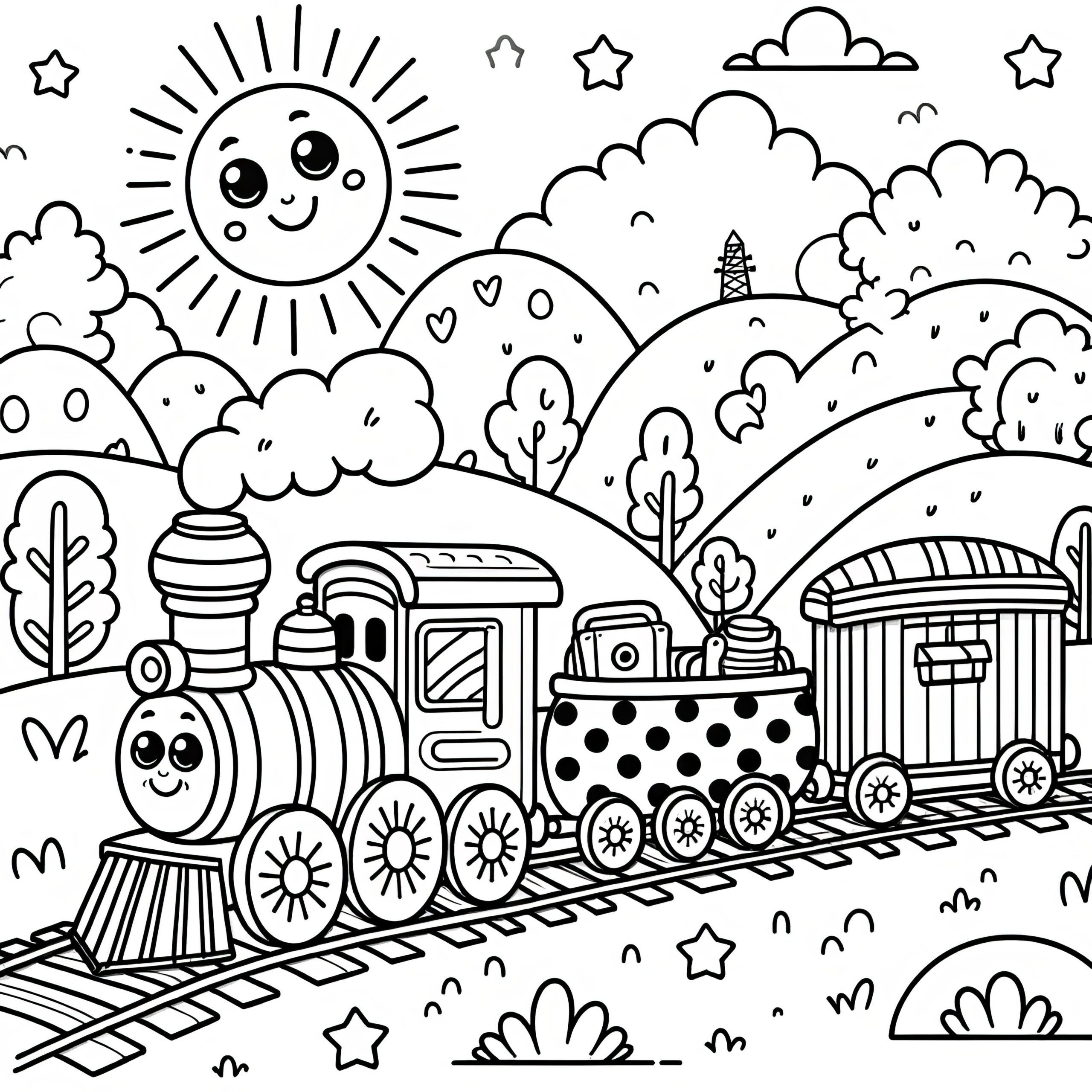 Funny Toy Train In A Beautiful Landscape Coloring Page For Children free 