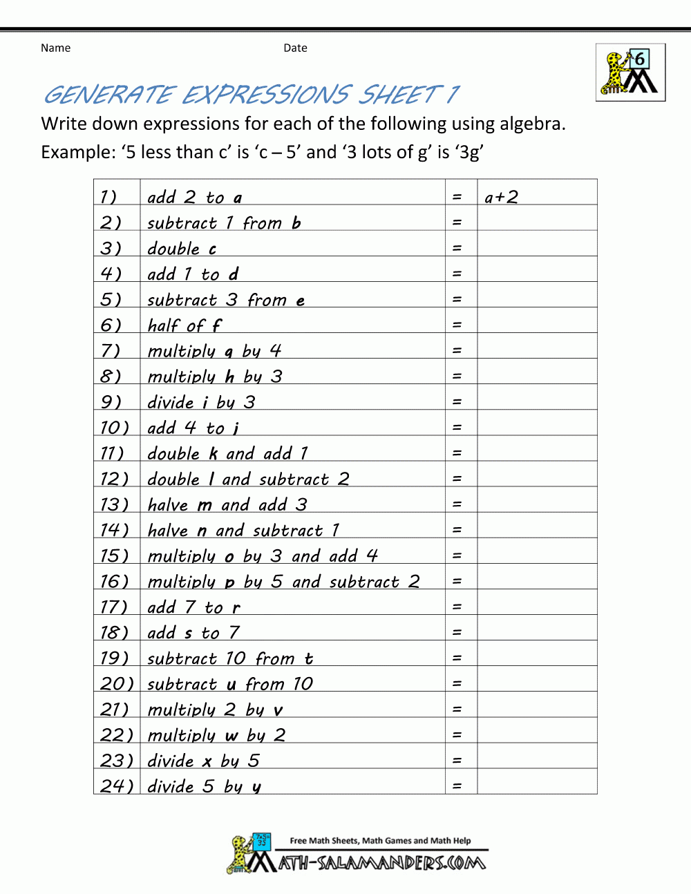 Generate Algebraic Expressions Worksheet Generate Algebraic Expressions Worksheet