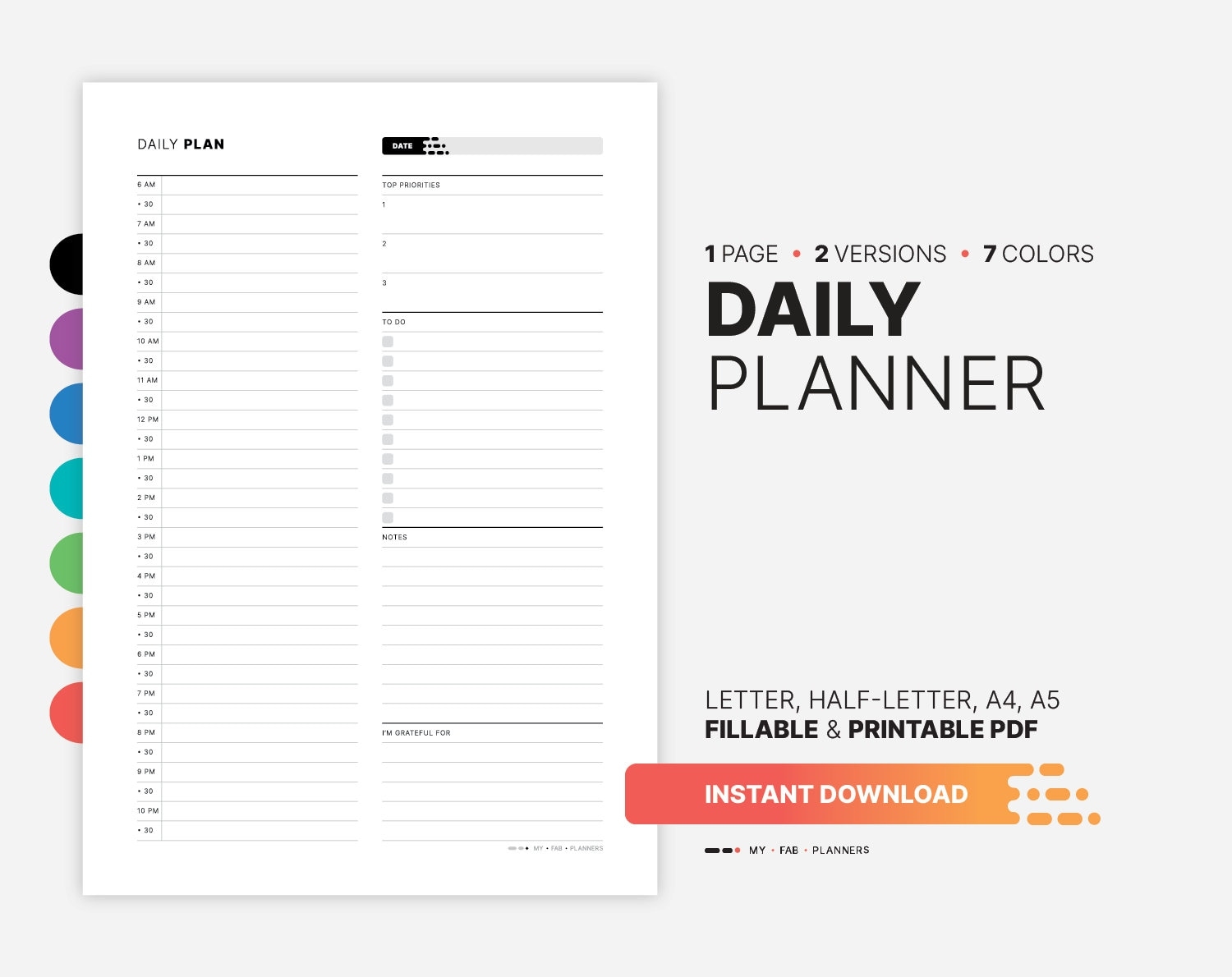 Hourly Daily Planner Fillable Schedule Template PDF Etsy