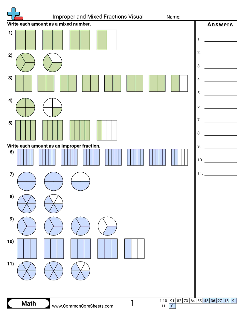 mixed and improper fractions worksheet