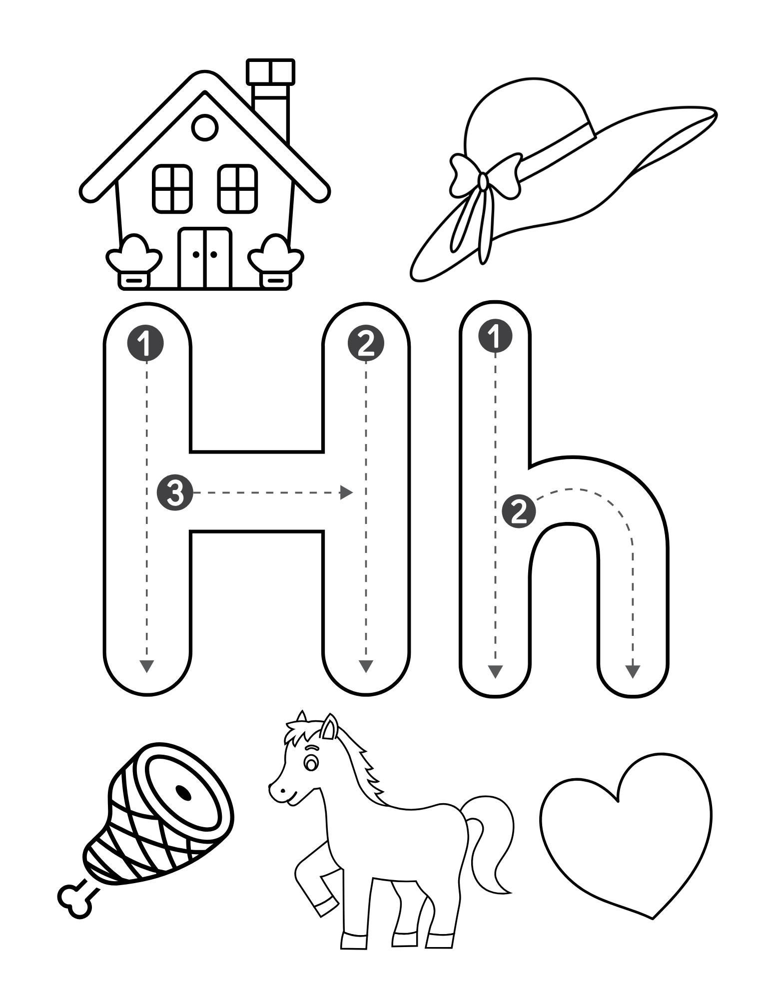 Letter H Coloring Page Hat Horse House Heart Ham Tracing Etsy