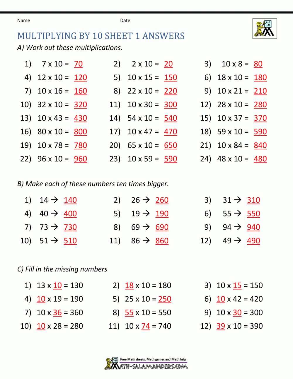 Multiplying By 10 And 100 Worksheets