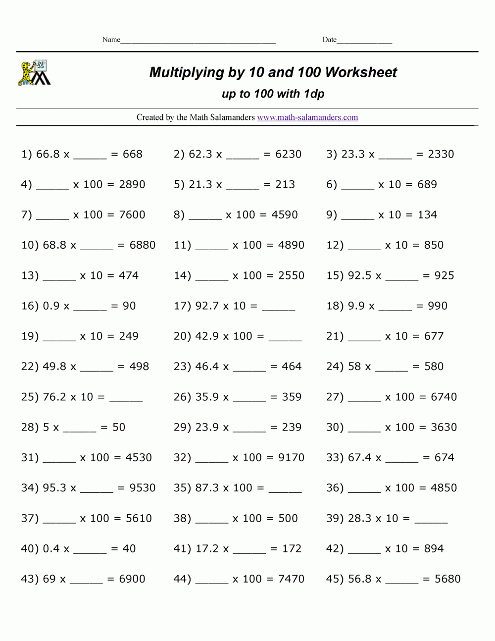 multiplying by 10 worksheets