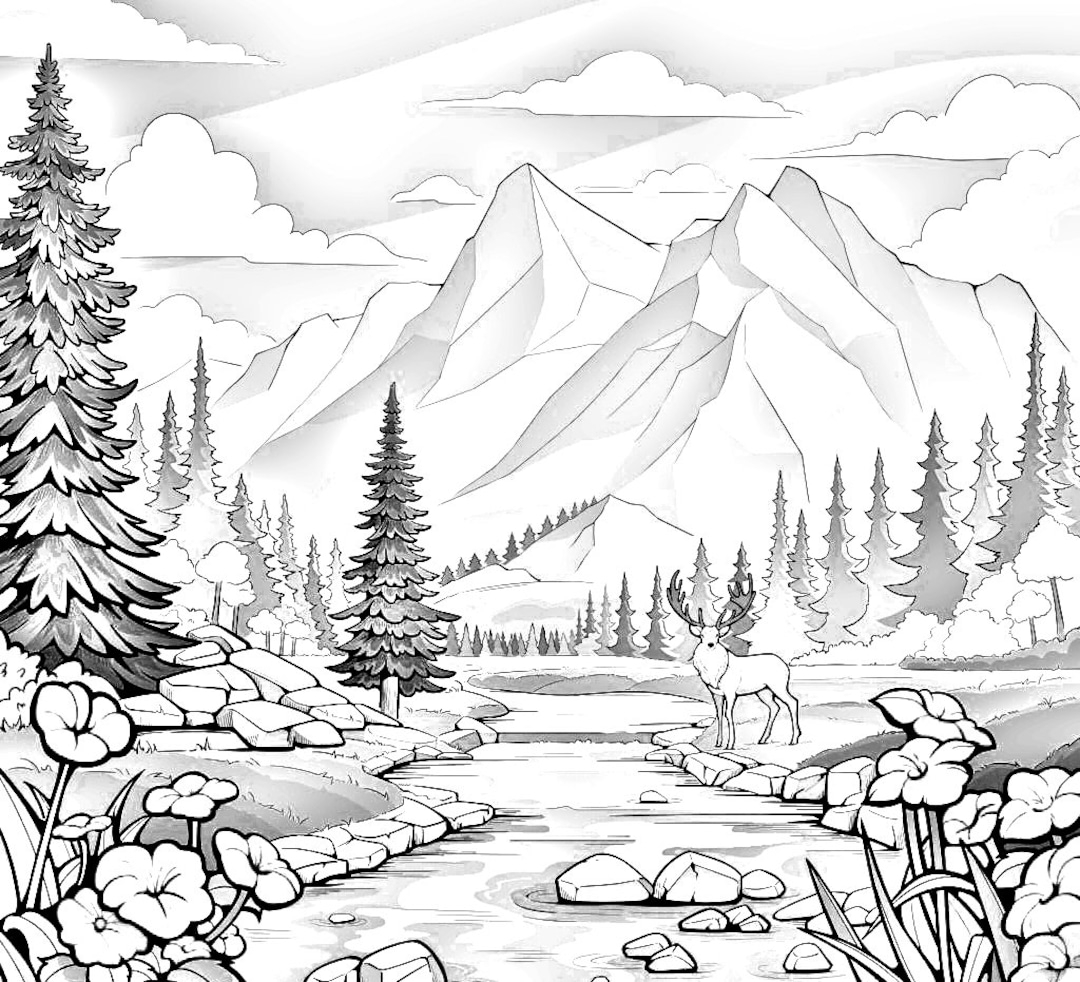 Nature Coloring Page River Mountains Trees PDF Printable Etsy Nature Coloring Page River Mountains Trees PDF Printable Etsy
