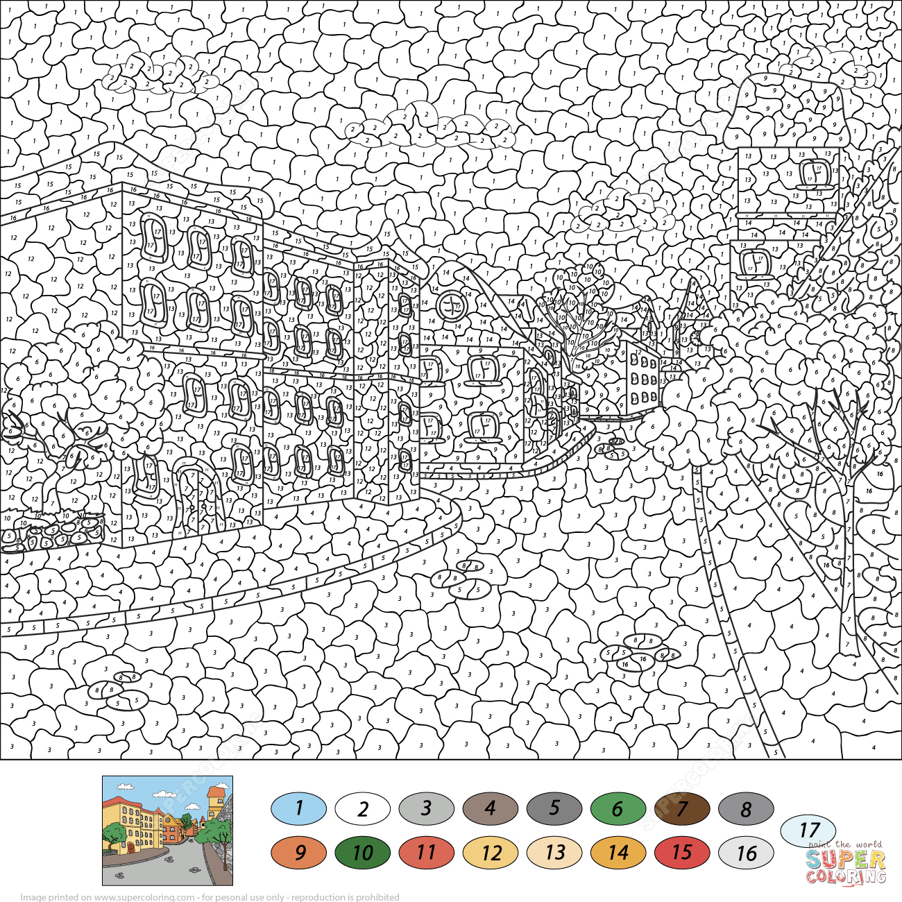 Old Town Street Color By Number Coloring Page Free Printable