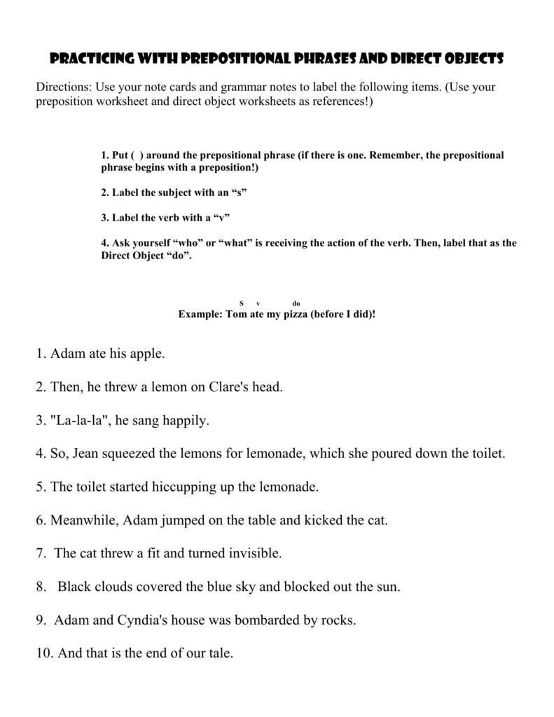 Prepositional Phrases Direct Objects Worksheet