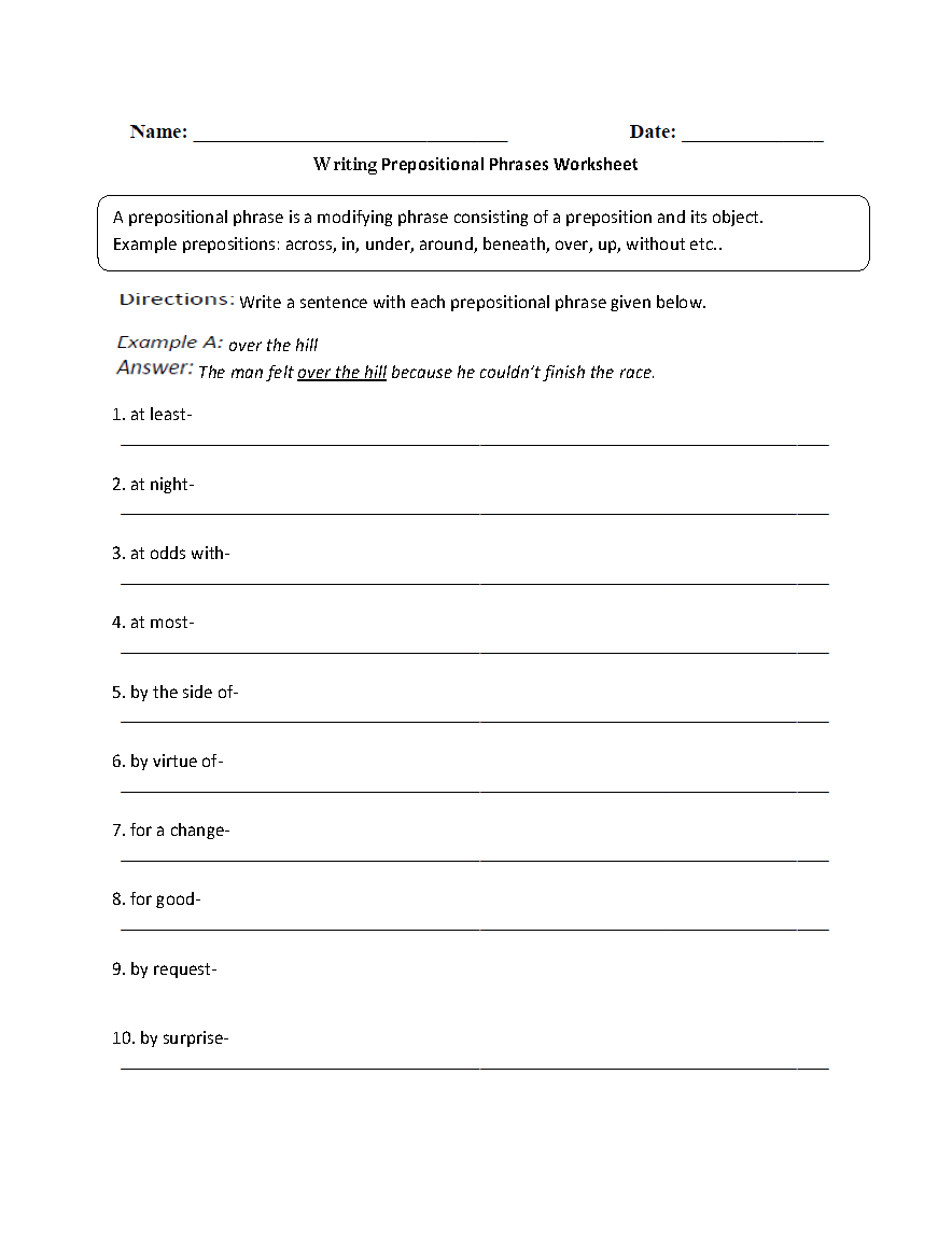 Prepositional Phrases Worksheets Writing Prepositional Phrases Worksheet