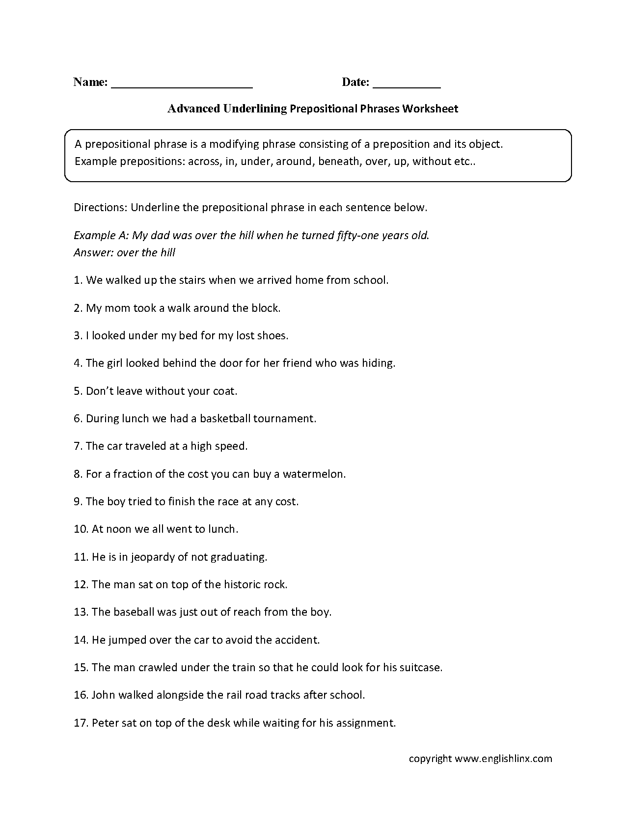 Prepositions Worksheets Underlining A Prepositional Phrase Worksheet