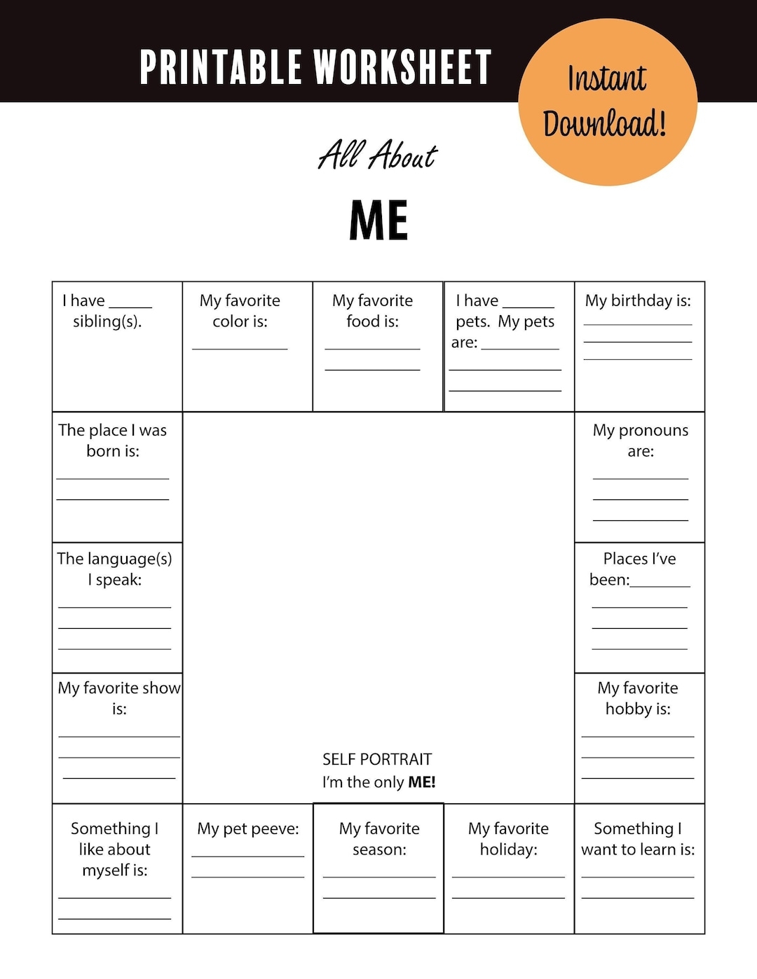 Printable Worksheet All About Me Academic Resource Etsy