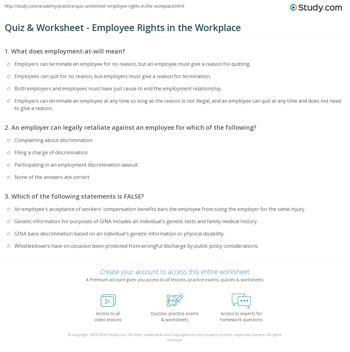Quiz Worksheet Employee Rights In The Workplace Study Quiz Worksheet Employee Rights In The Workplace Study