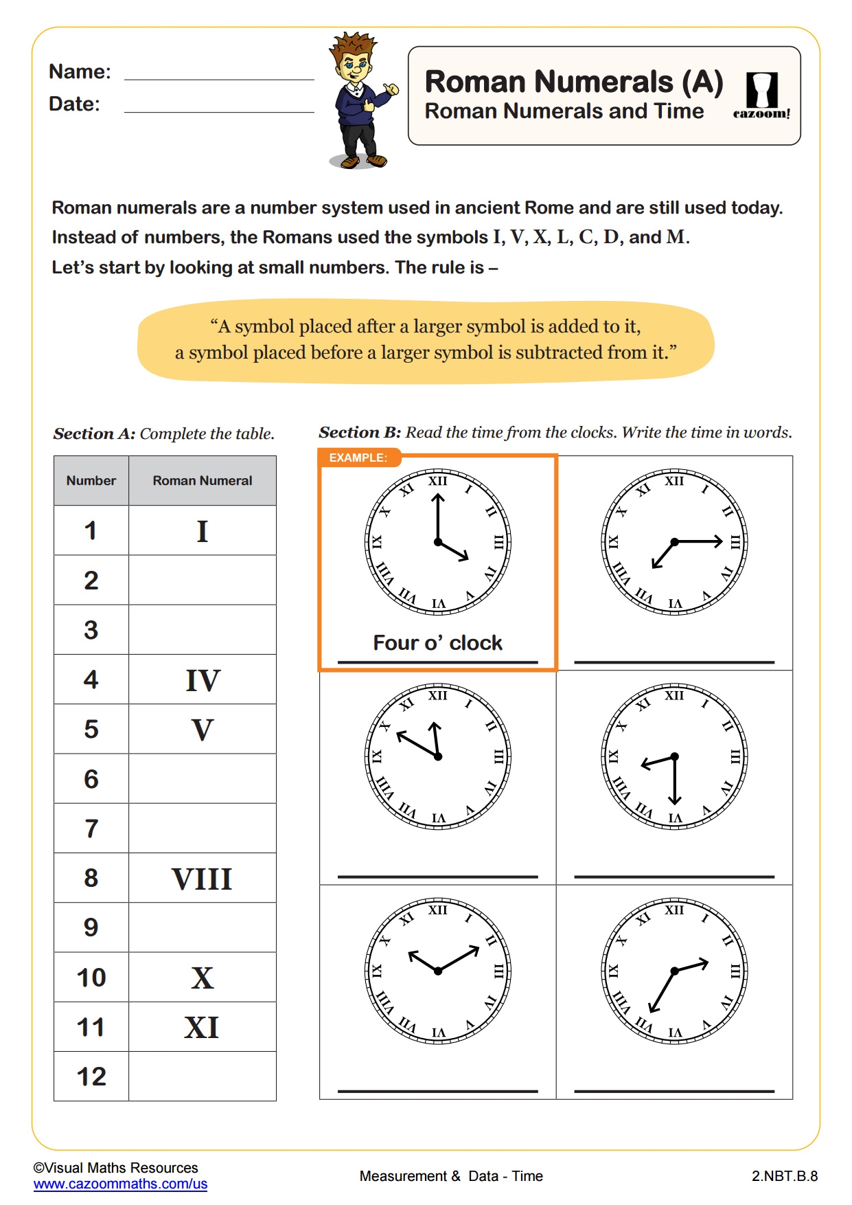 Roman Numerals A PDF Printable Measurement And Data Worksheets