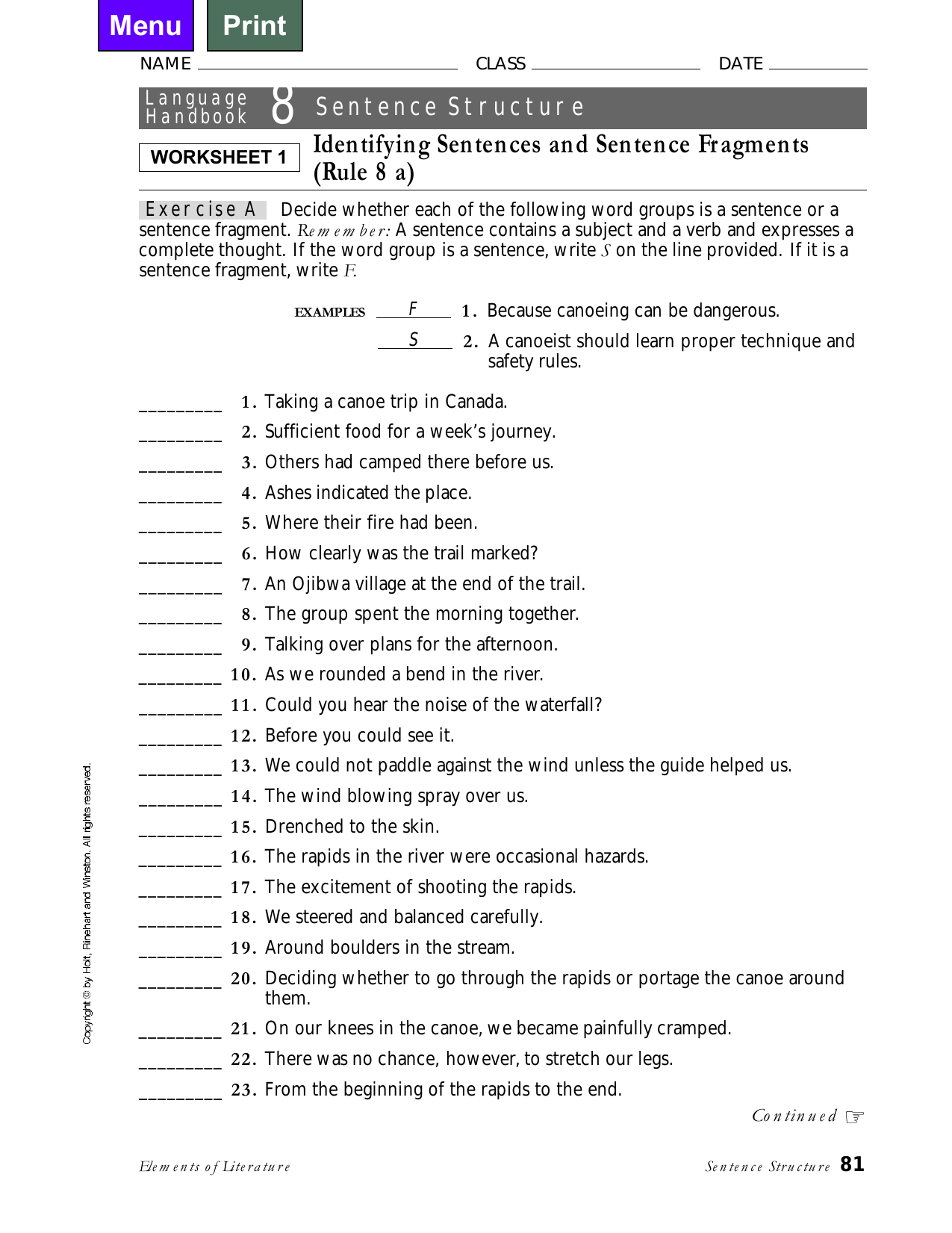 Sentence Structure Worksheet Sentences Vs Fragments