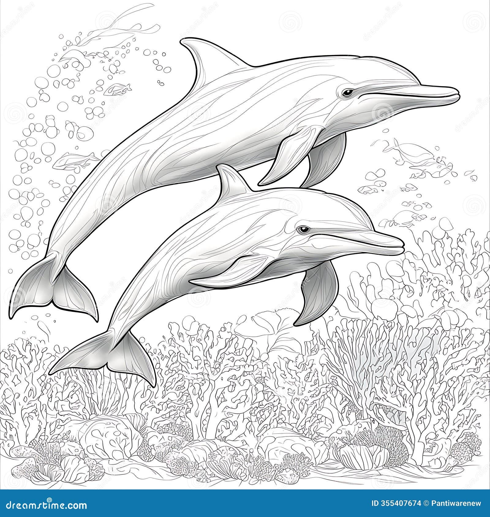 Serene Ocean Dolphins Coloring Page For Relaxation Stock Illustration Illustration Of Coloring Underwater 355407674