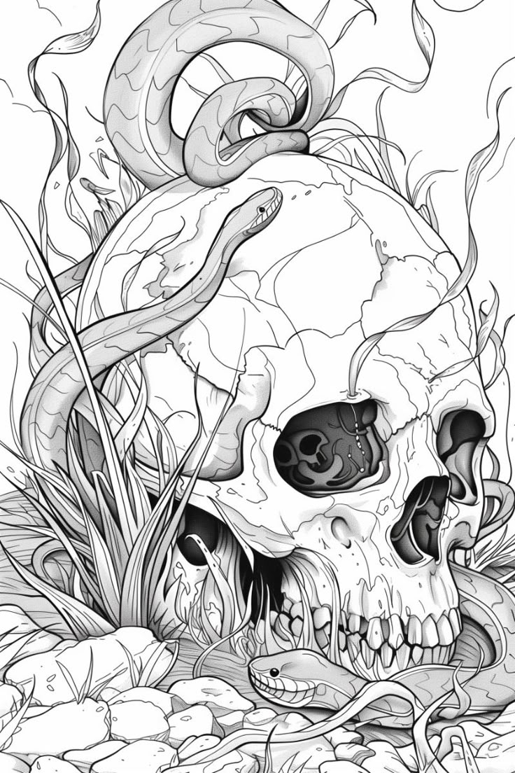 Snakes Climbing Out Of A Skull On The Grass Coloring Page For Adults Free Printable 