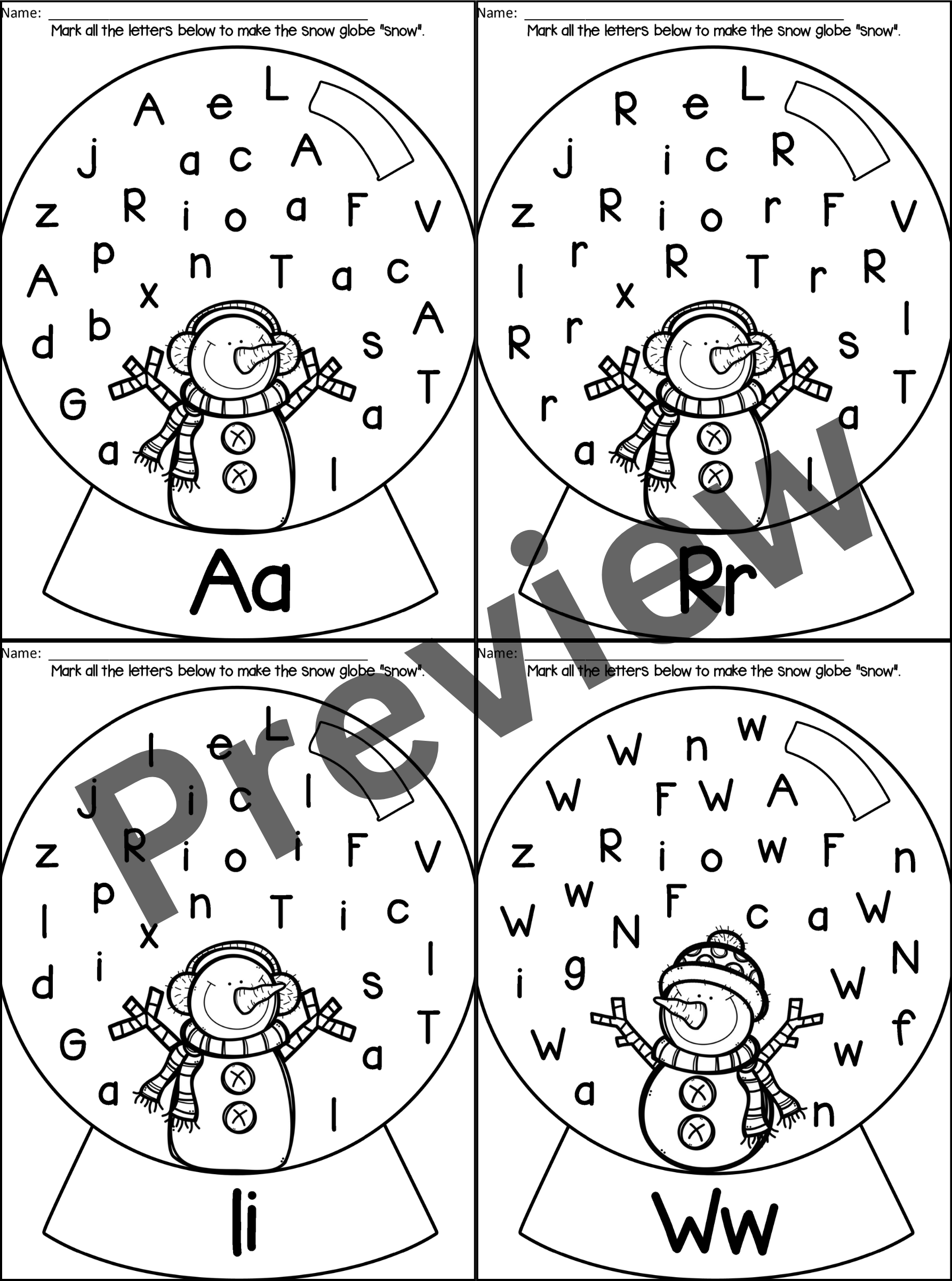 Snow Globe Letter Find Winter Alphabet A To Z Worksheets Uppercase Lowercase Made By Teachers