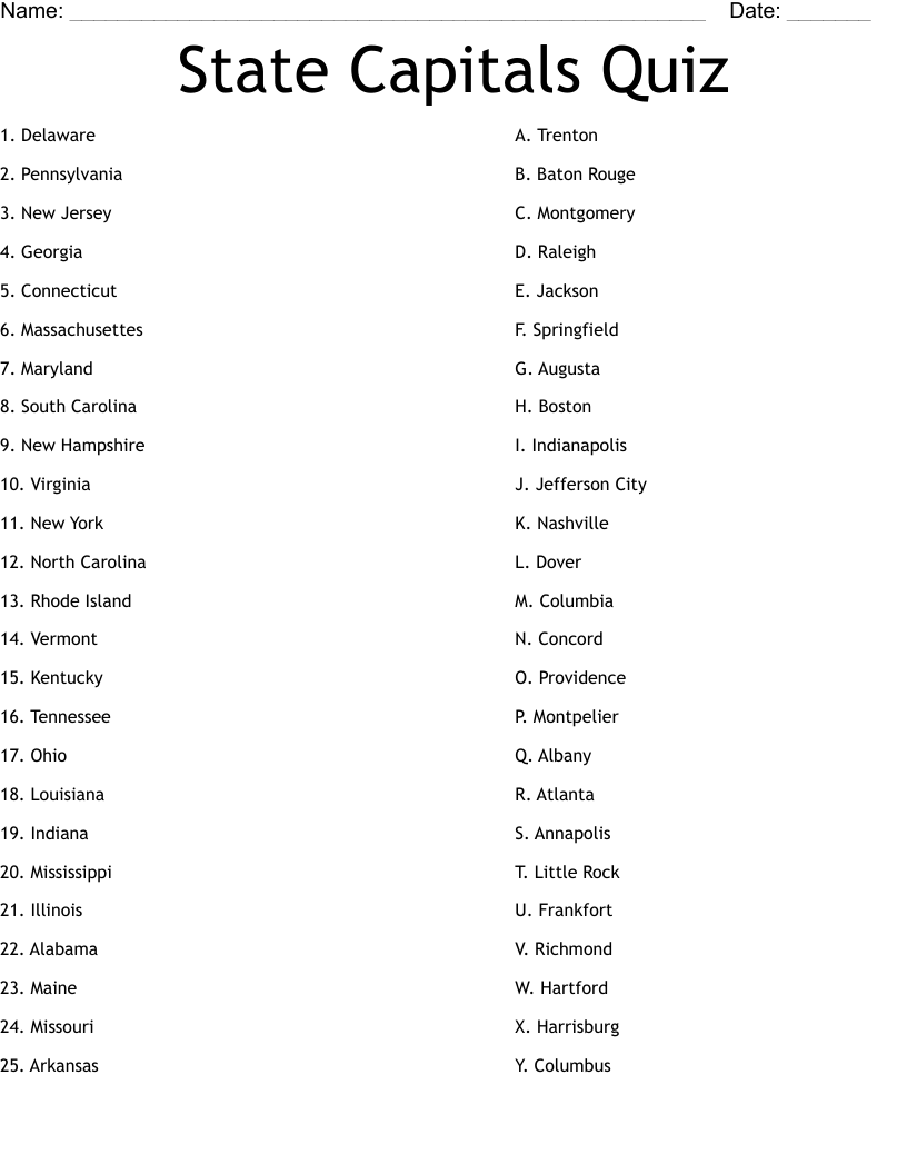 State Capitals Quiz Worksheet WordMint