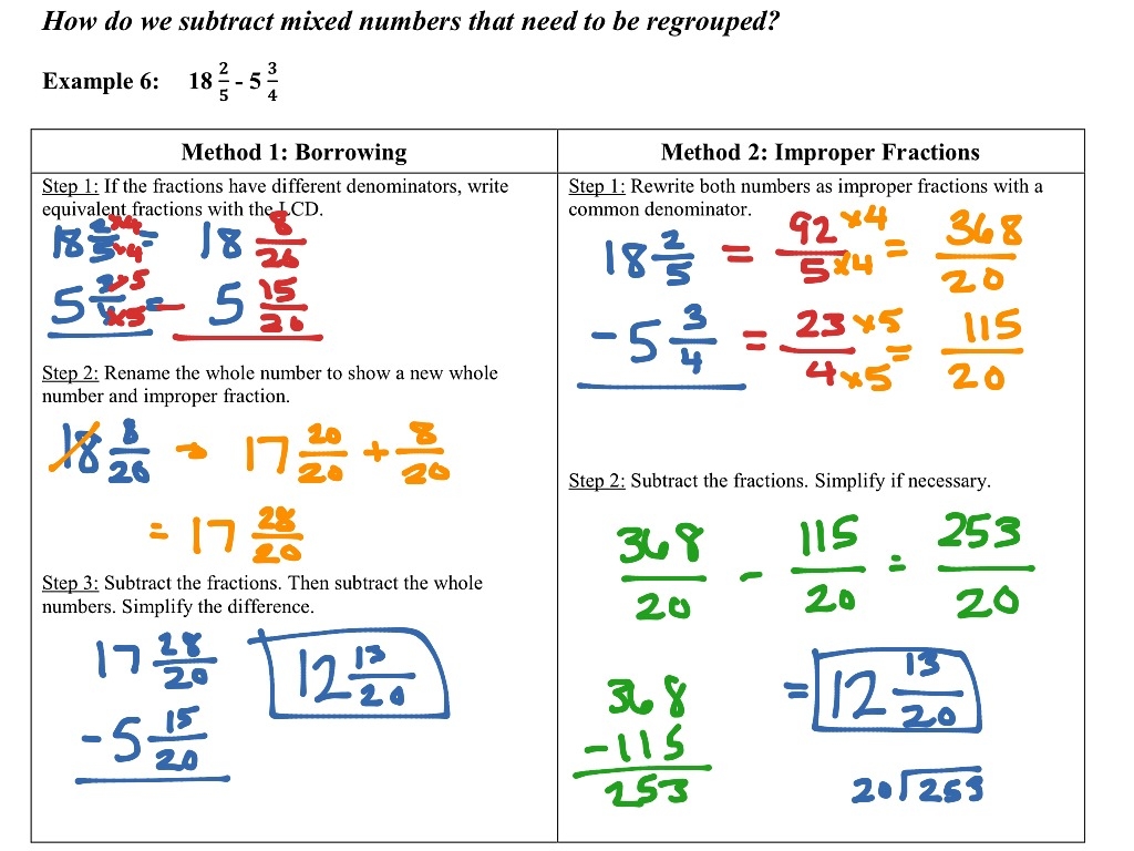 subtracting mixed numbers by regrouping