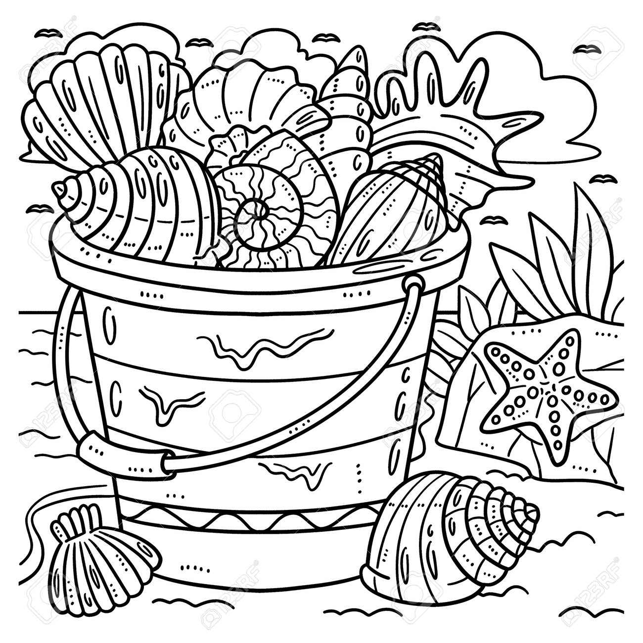 Summer Bucket Of Sea Shells Coloring Page For Kids Royalty Free SVG Cliparts Vectors And Stock Illustration Image 198331293 