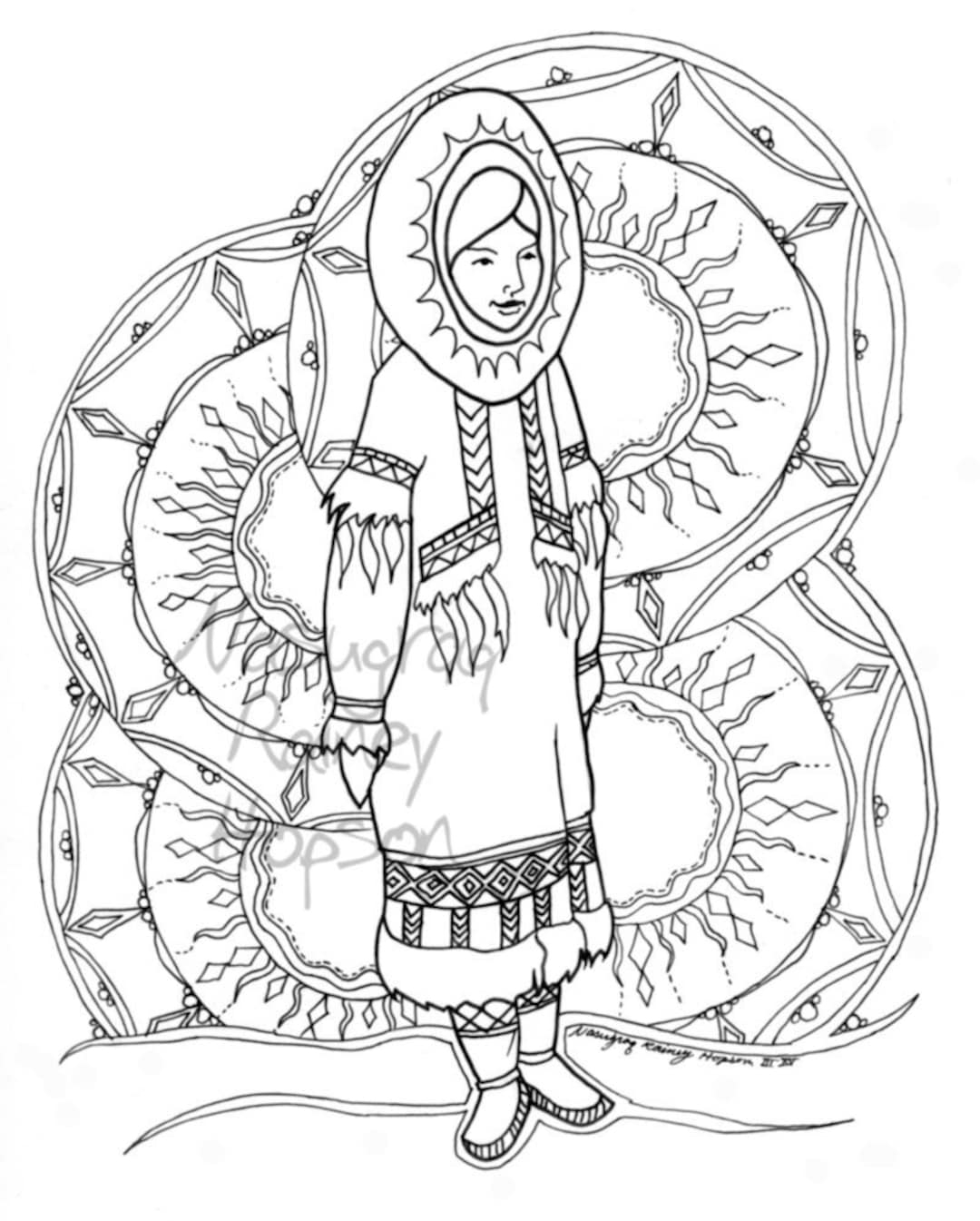 Sunshine Woman Alaska Native Hand Drawn Coloring Page Etsy New Zealand