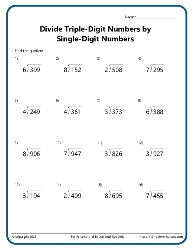 Triple Digit Division K12 Math Worksheets Triple Digit Division K12 Math Worksheets