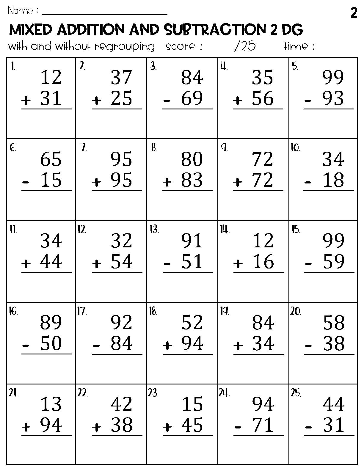 Two Digit Mixed Addition And Subtraction With And Without Regrouping Worksheets Etsy
