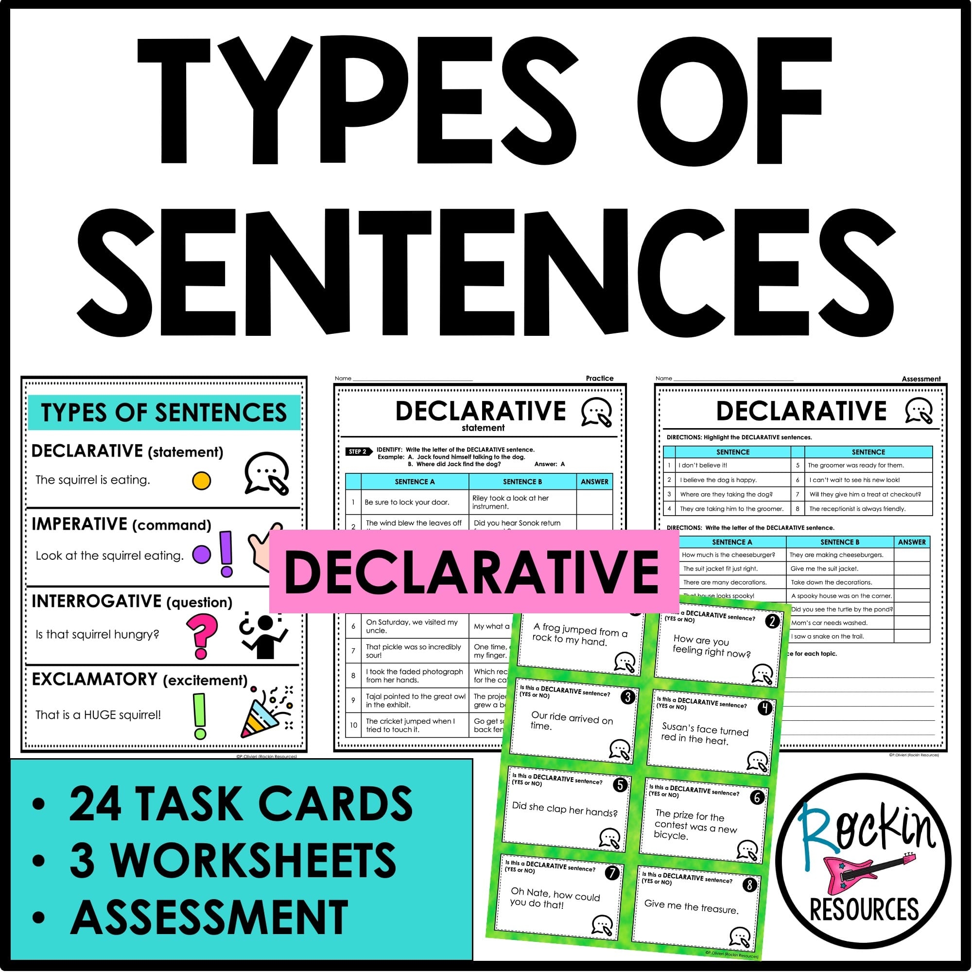 Types Of Sentences Task Cards Worksheets Assessment For Declarative Sentences Rockin Resources