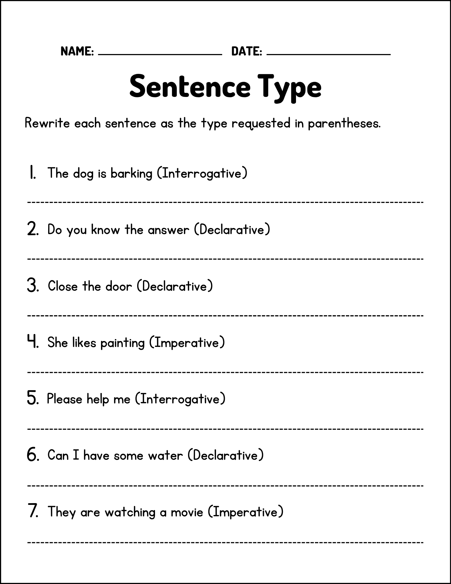 kinds of sentences worksheets