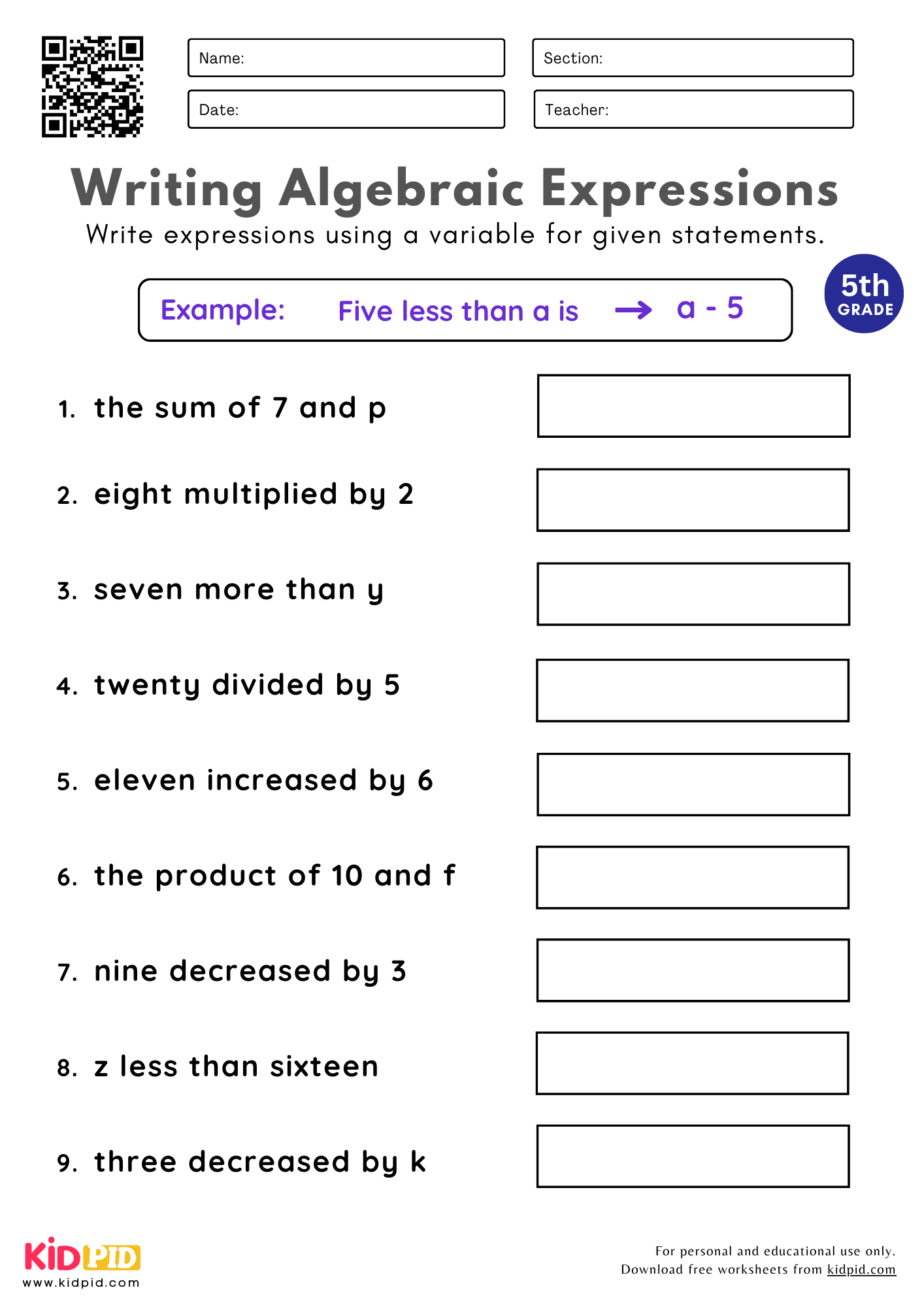 Writing Algebraic Expressions Worksheet For Grade 5 Kidpid Writing Algebraic Expressions Worksheet For Grade 5 Kidpid
